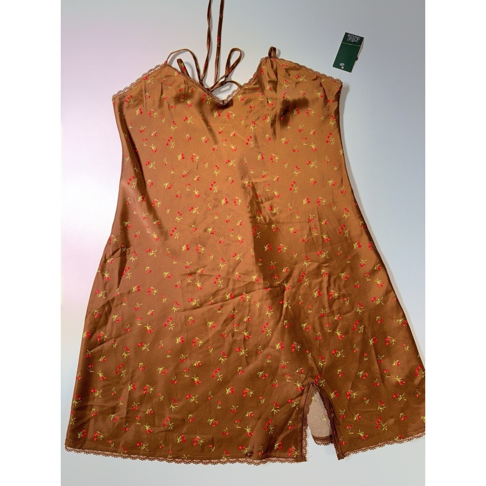 NWT Wild Fable Tie Back Slip Dress Shiny Brown Floral Satin with Lace Sz Large‎ - Picture 3 of 9